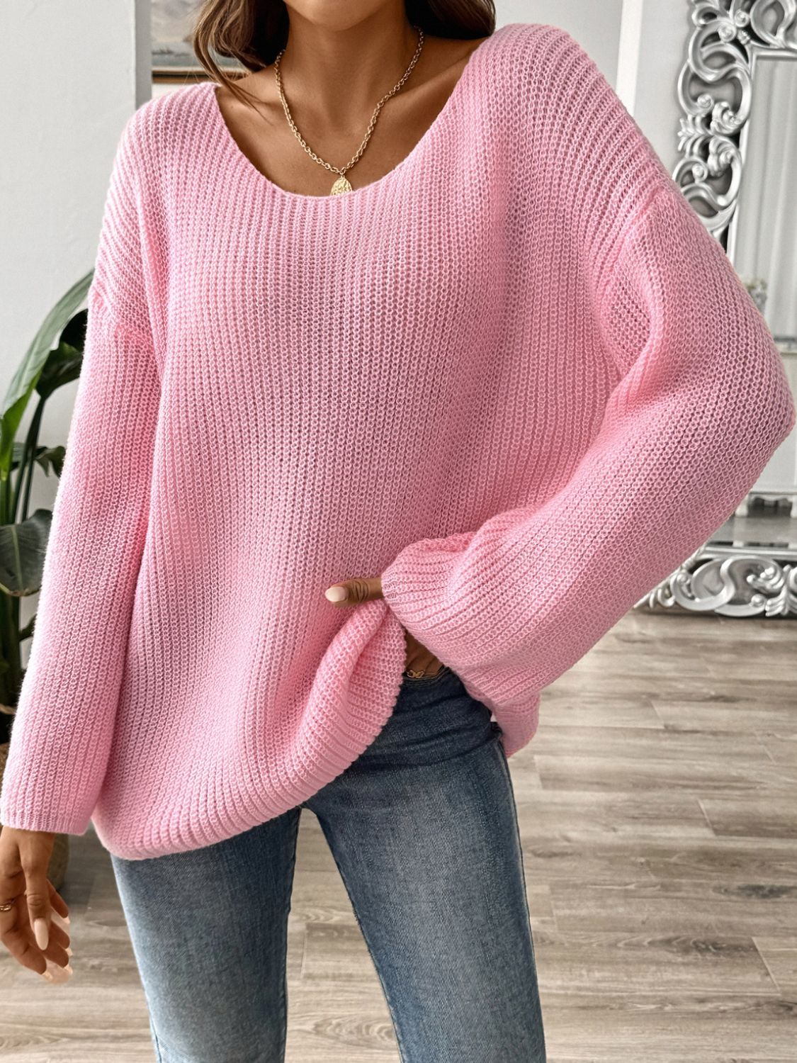 Round Neck Long Sleeve Sweater Dusty Pink