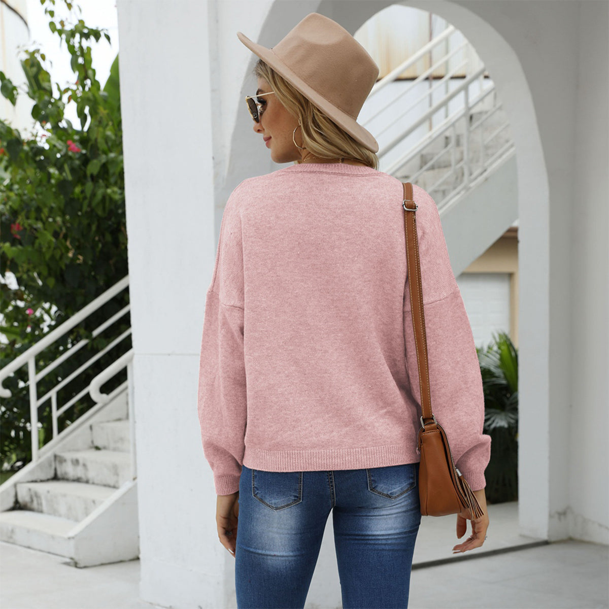 Shiny Round Neck Long Sleeve Drop Shoulder Sweater