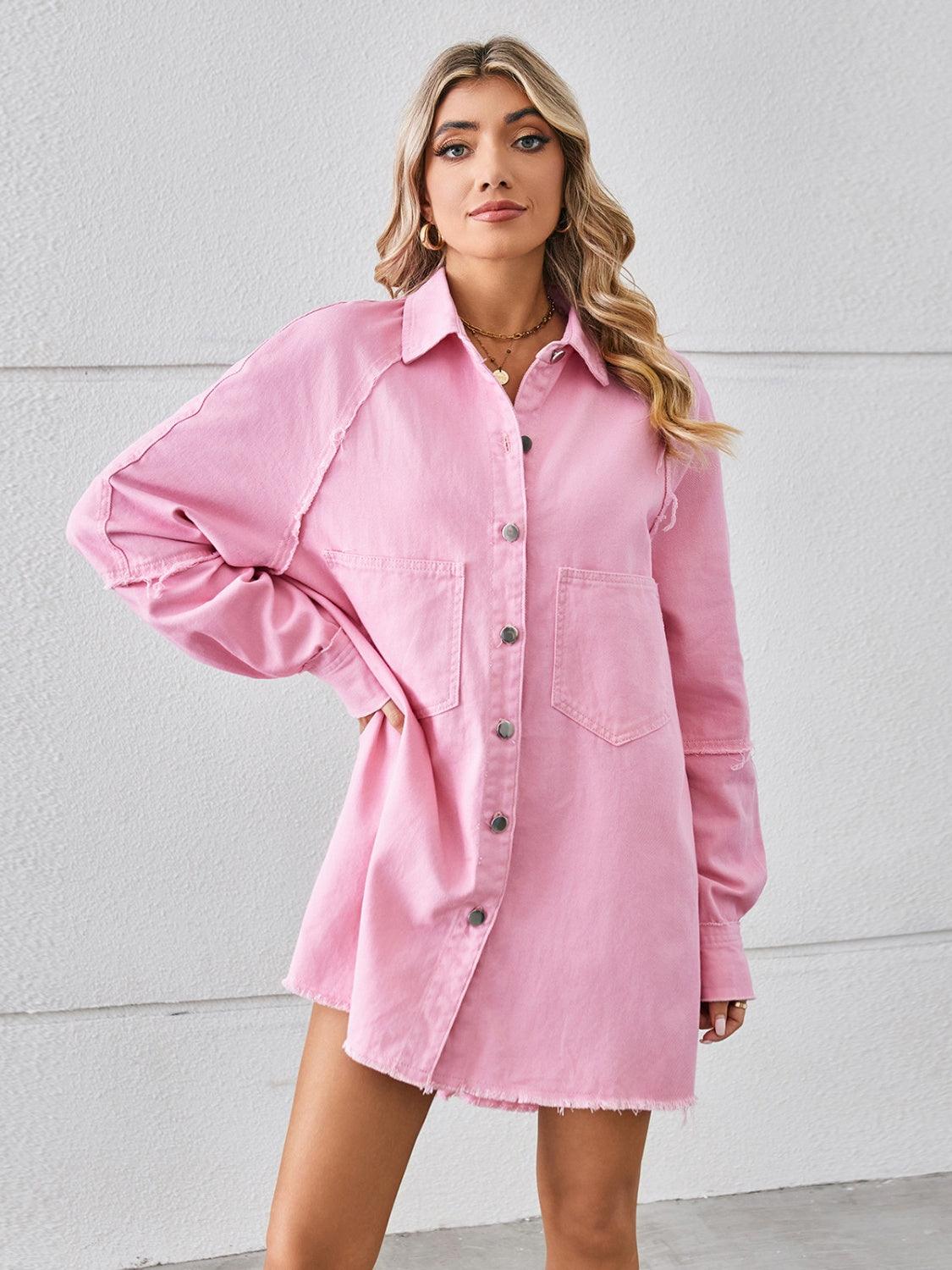 Raw Hem Button Up Denim Dress Pink