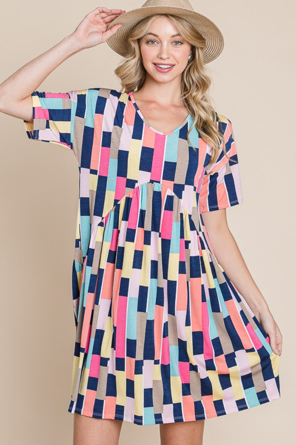 BOMBOM Ruched Color Block Short Sleeve Mini Dress