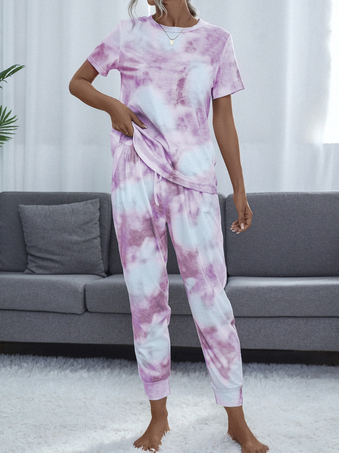 Tie-Dye Round Neck Top and Pants Lounge Set