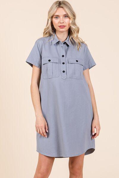 Mittoshop Button Detail Collared Neck Short Sleeve Shirt Dress Blue Grey