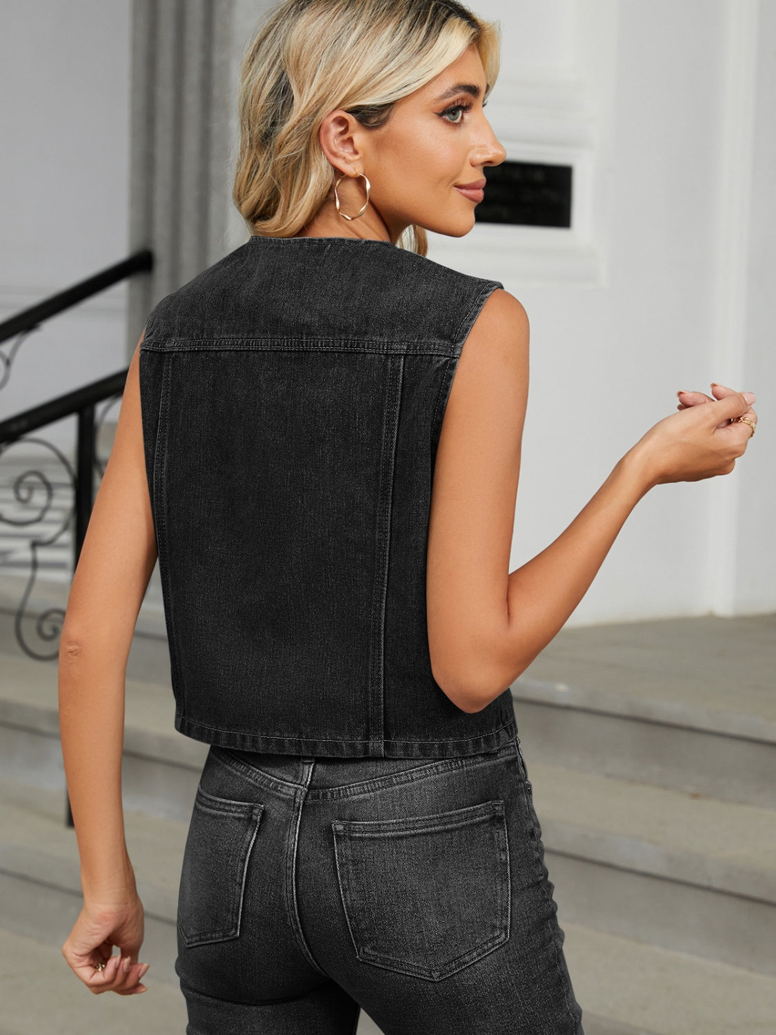 V-Neck Button Down Denim Vest