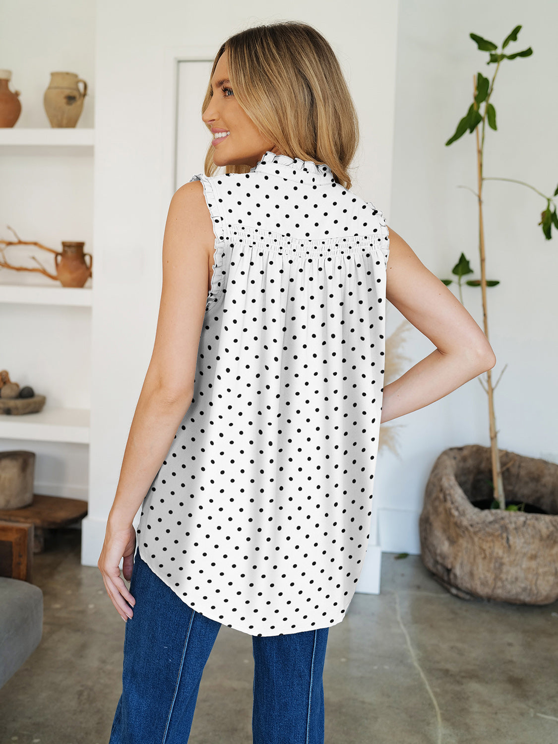 Frill Printed Mock Neck sleeveles blouse in Polka Dot, Striped, and Floral