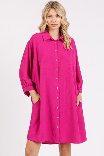 Mittoshop Airflow 3/4 Sleeve Buttoned Shirt Mini Dress Hot Pink