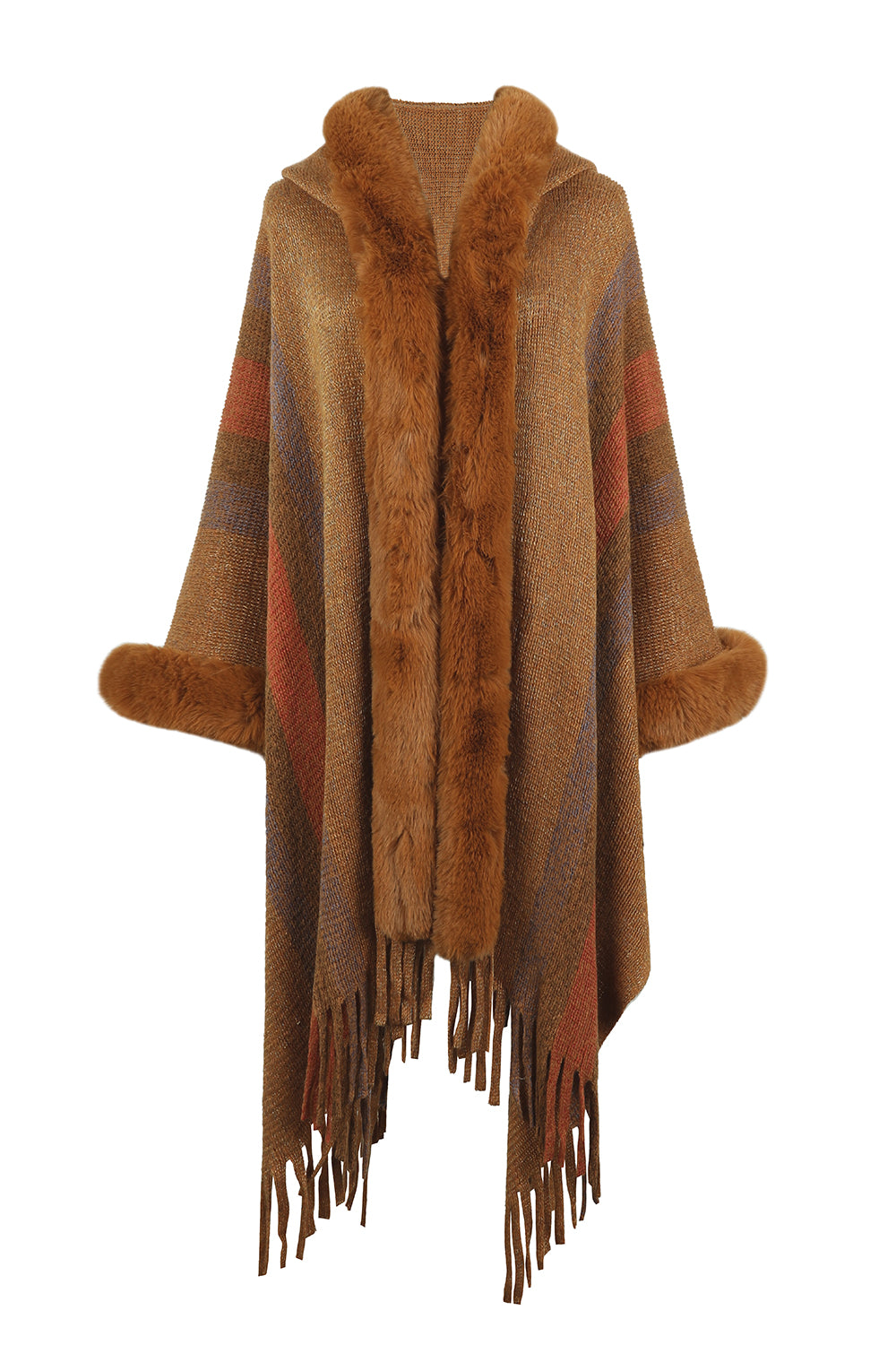 Color Block Fringe Detail Poncho Khaki One Size