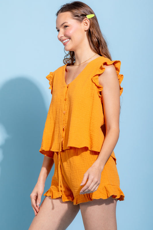 Ruffled V-Neck Cap Sleeve and Shorts Set Mustard