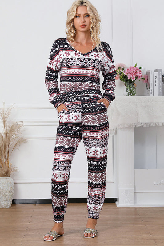 Printed V-Neck Top and Pants Lounge Set