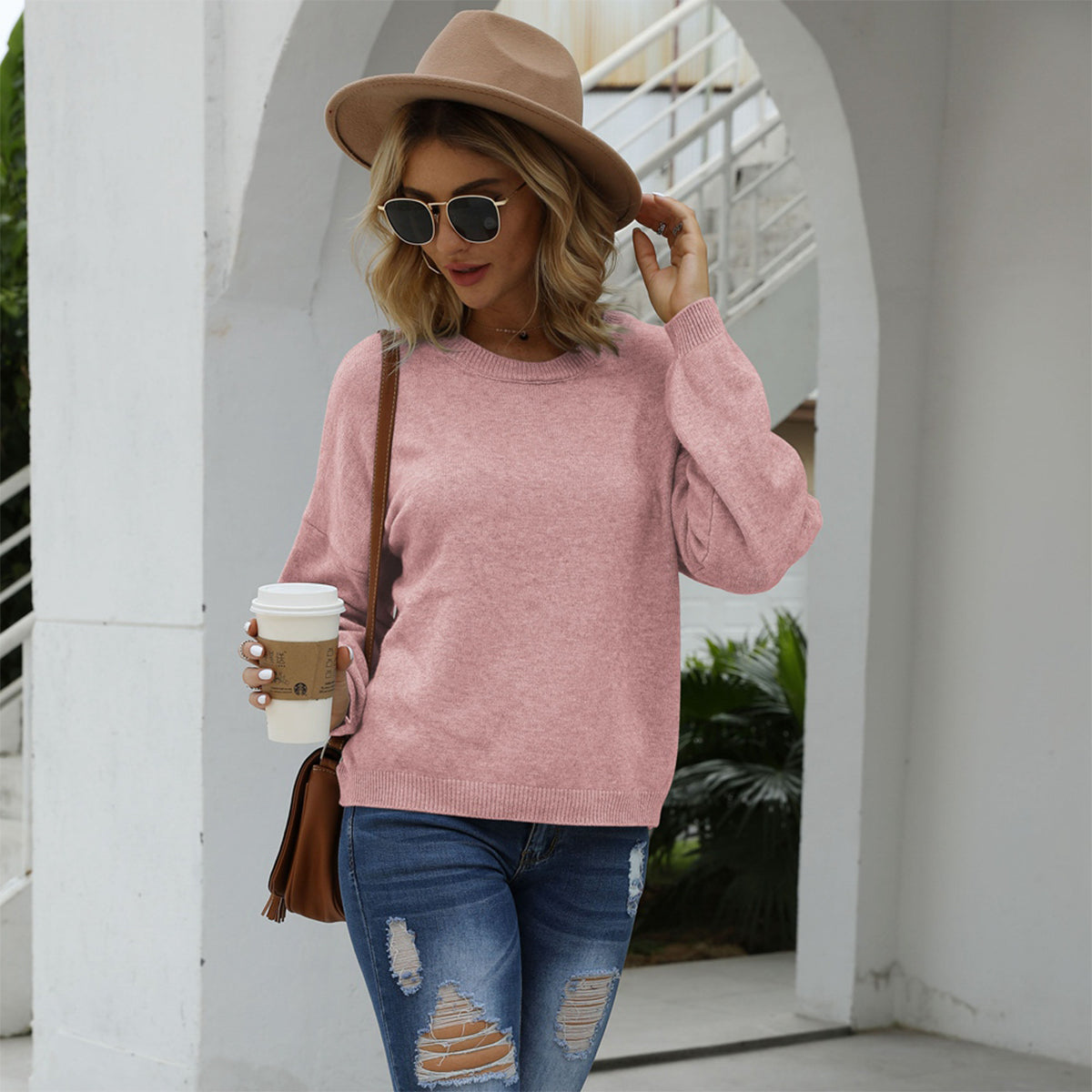 Shiny Round Neck Long Sleeve Drop Shoulder Sweater