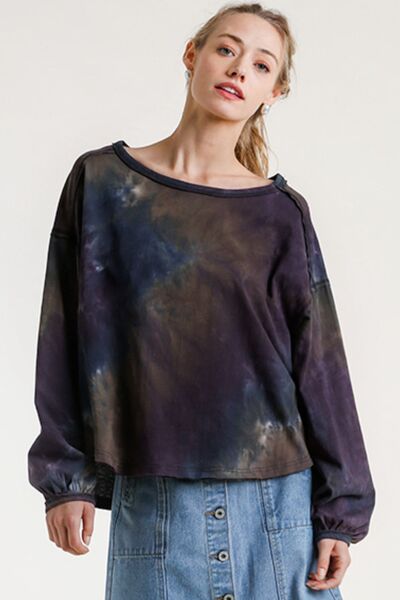 Umgee Full Size Tie Dye Round Neck Long Balloon Sleeve Top Plus Size FOREST GREEN