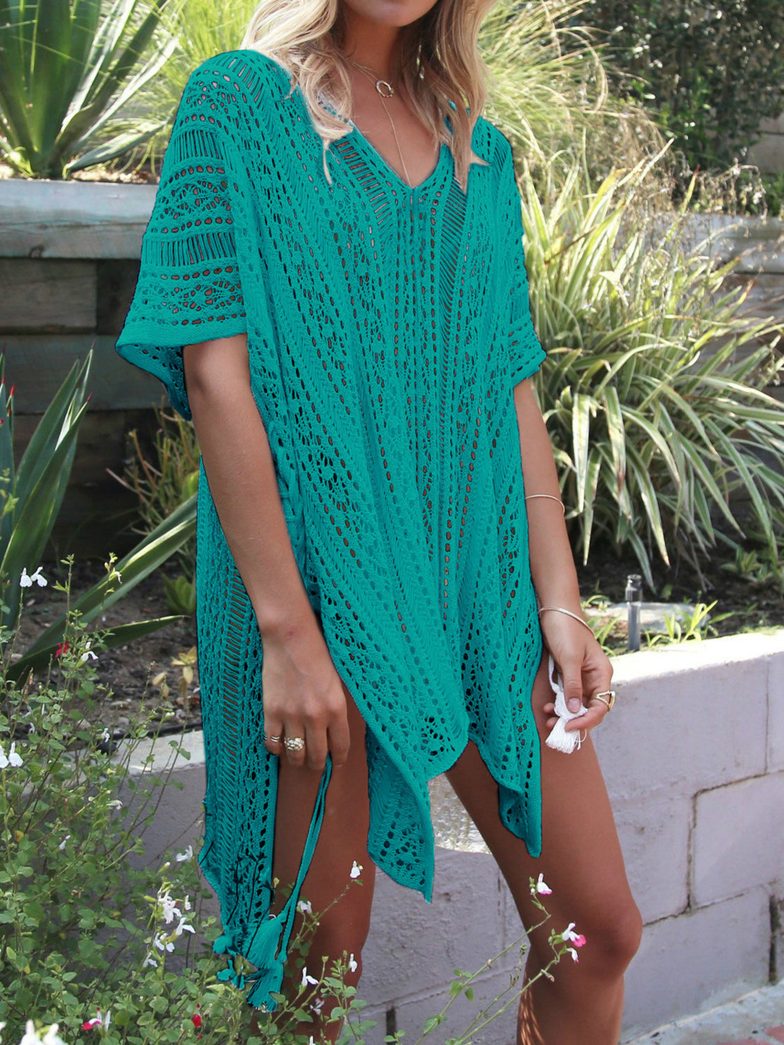 Cutout V-Neck Cover-Up with Tassel