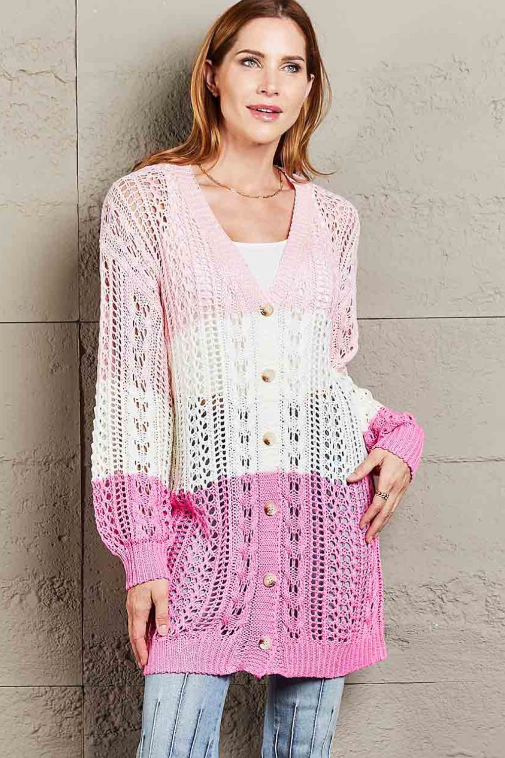 Double Take Openwork Ribbed Cuff Longline Cardigan