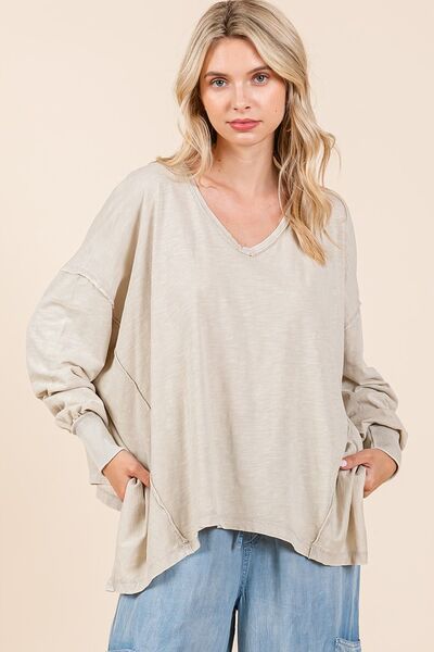 Mittoshop Mineral Wash V-Neck Long Sleeve Oversized Top Stone