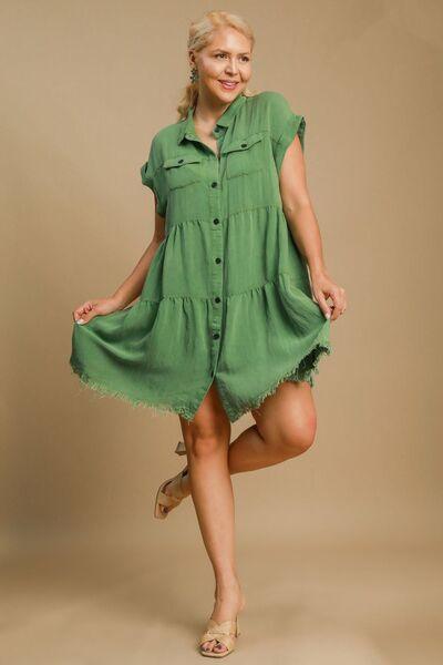 Umgee Full Size Frayed Hemline Button Down Shirt Dress Plus Size