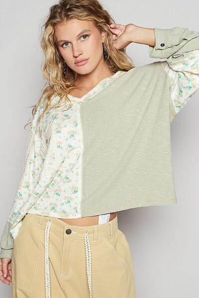 POL Floral Crochet Patch V-Neck Top Sage