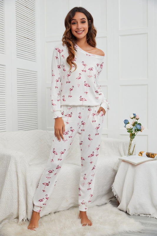 Flamingo Long Sleeve Top and Pants Lounge Set White