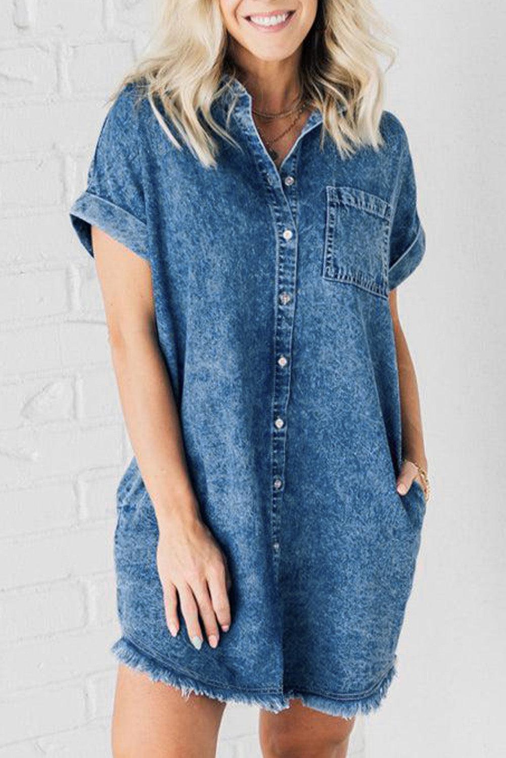 Raw Hem Pocketed Cap Sleeve Denim Dress Medium