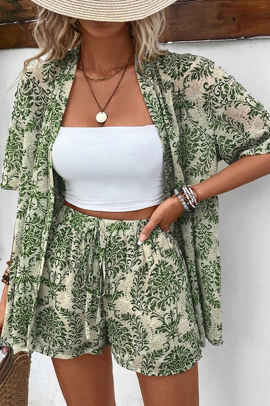 Printed Open Front Top and Shorts Set Moss