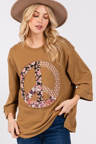 SAGE + FIG Floral Peace Patch Round Neck Top Caramel