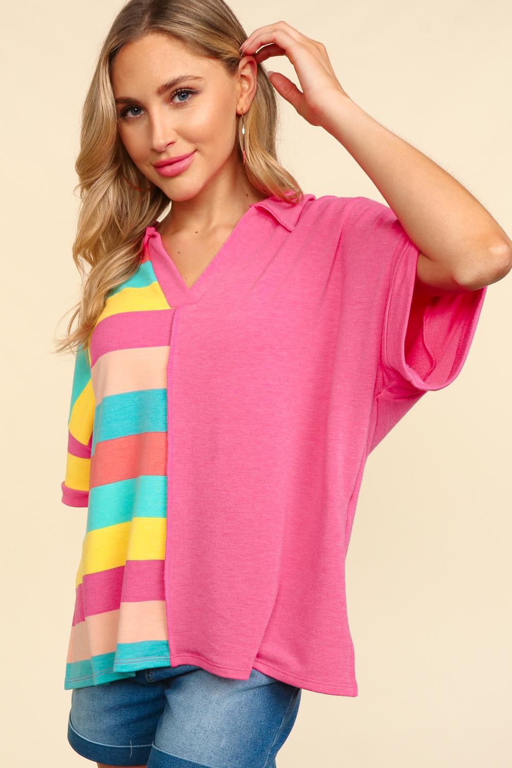 Haptics Exposed Seam Short Sleeve Half Striped T-Shirt  front