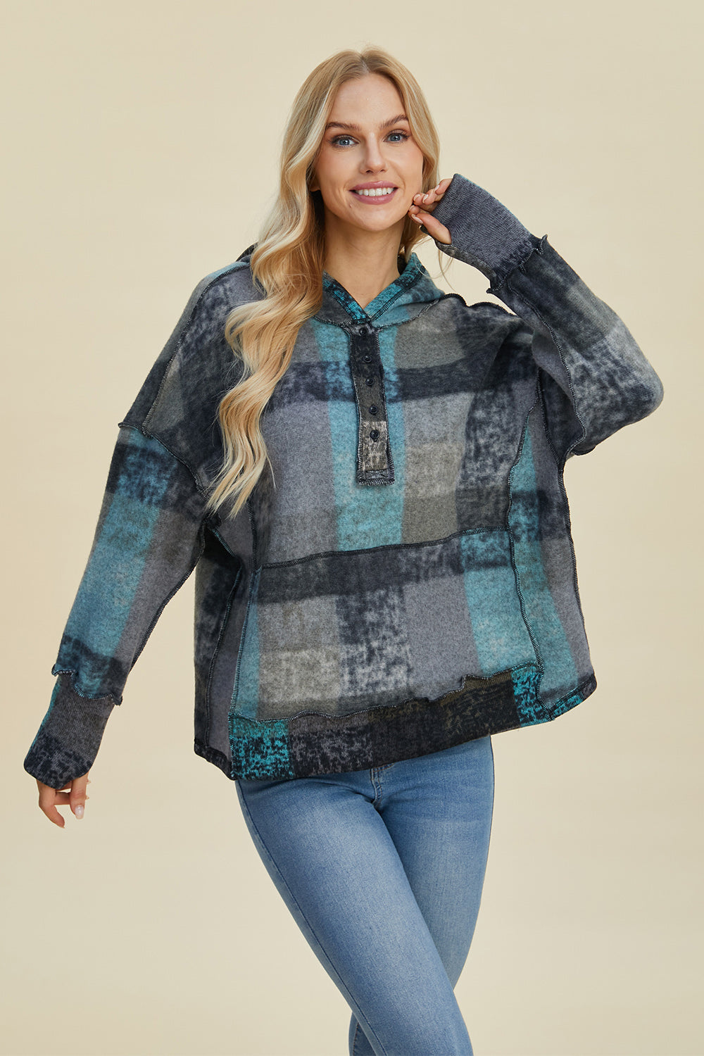 Double Take Full Size Plaid Dropped Shoulder Hoodie Dark Gray