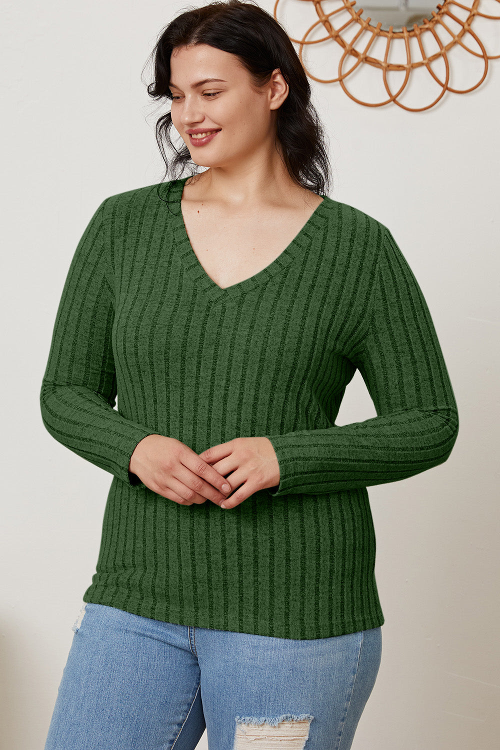 Basic Bae Full Size Ribbed V-Neck Long Sleeve T-Shirt