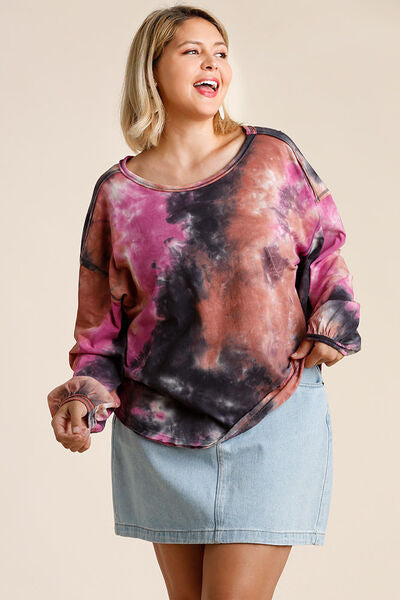 Umgee Full Size Tie Dye Round Neck Long Balloon Sleeve Top Plus Size