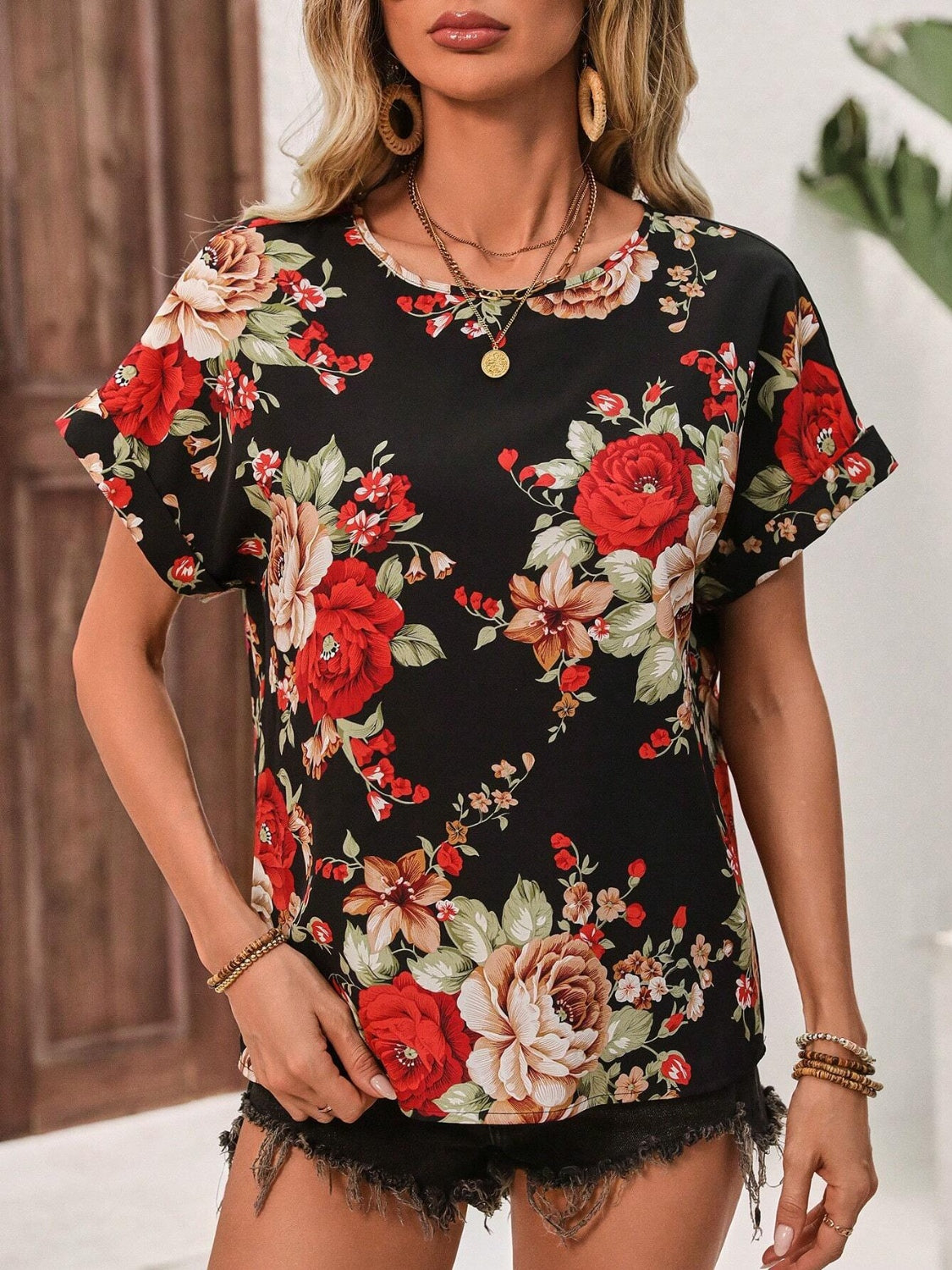 Contrast Round Neck Short Sleeve Blouse