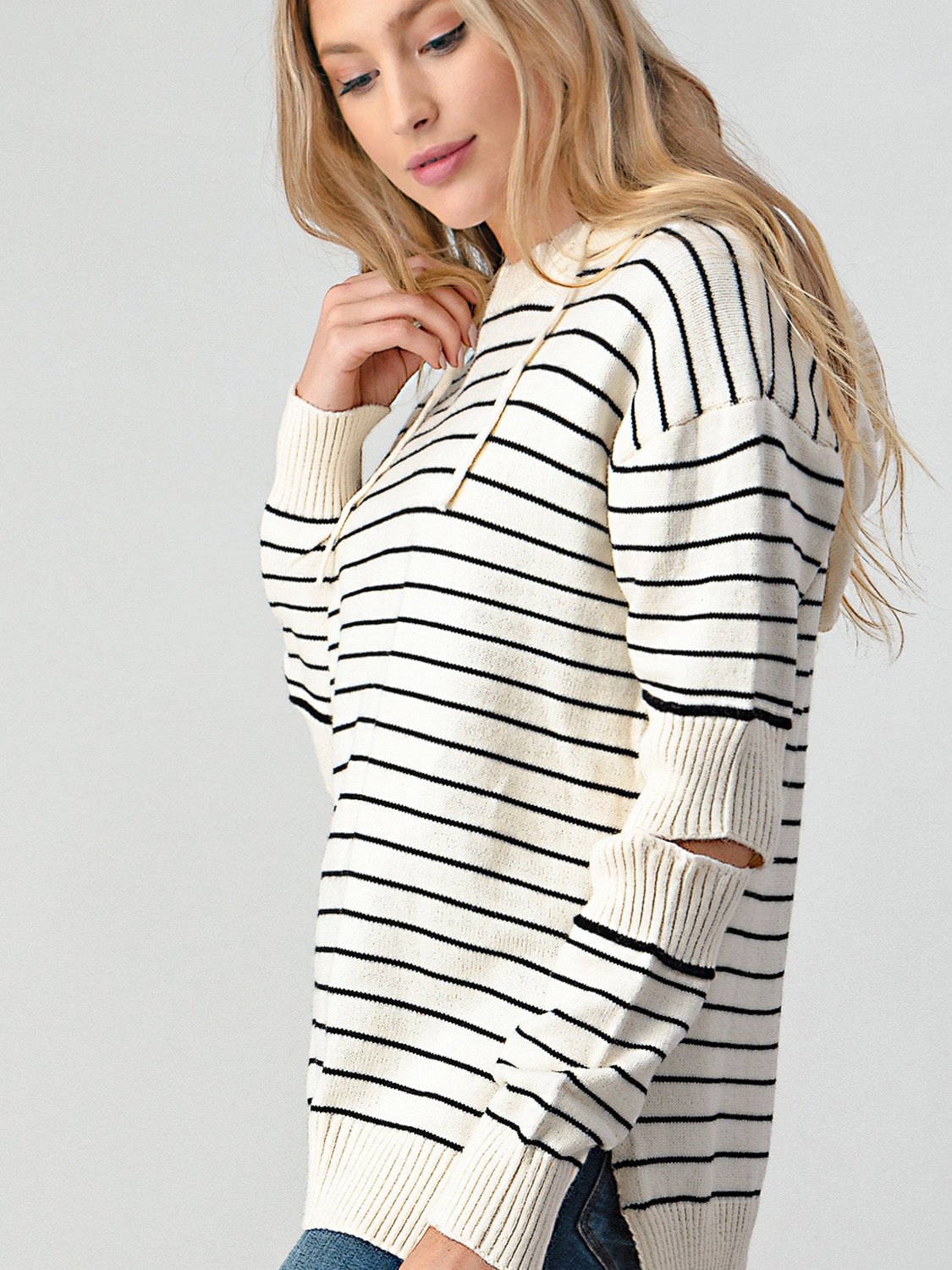 Shiny Striped Cutout Slit Sweater