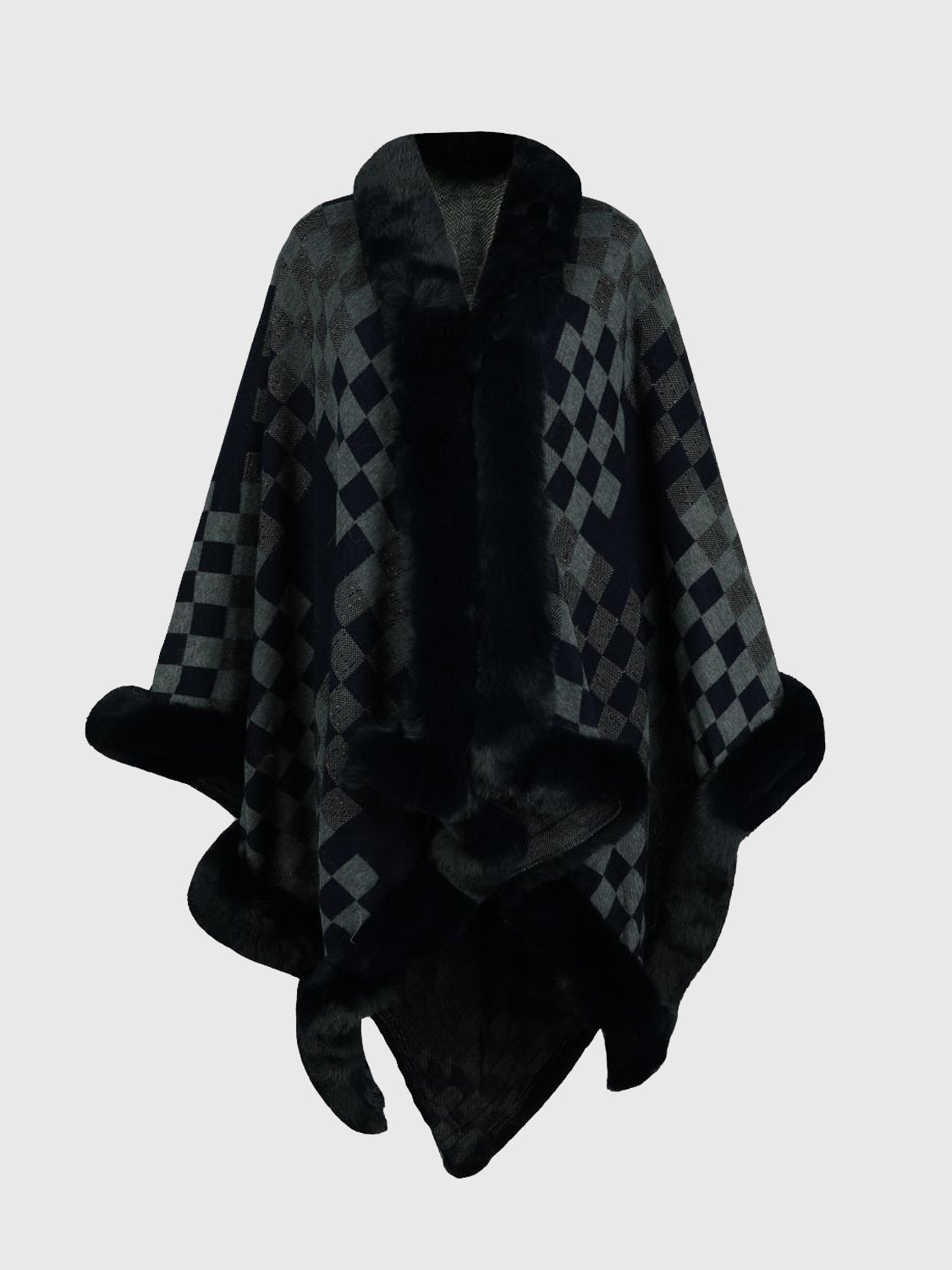 Checkered Faux Fur Trim Poncho Charcoal One Size