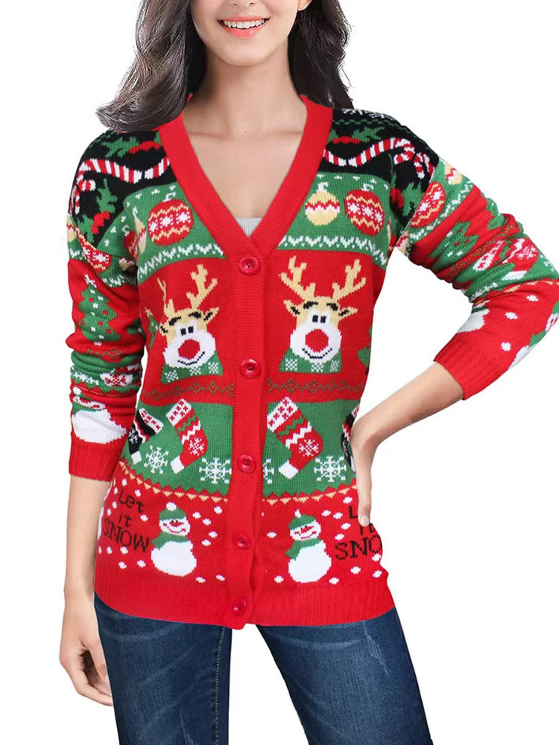 Reindeer Button Up Long Sleeve Cardigan Deep Red