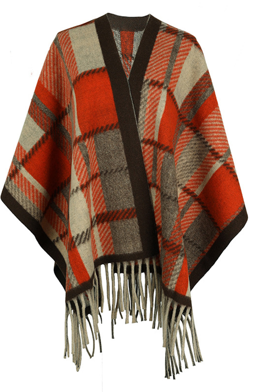 Cloak Sleeve Fringe Detail Poncho Brick Red One Size