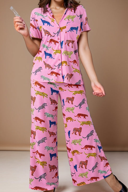 Animal Button Up Top and Pants Lounge Set Pink