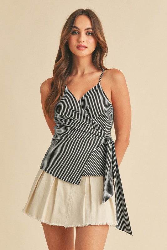 Aemi + Co Side Knotted Surplice Striped Cami Black White