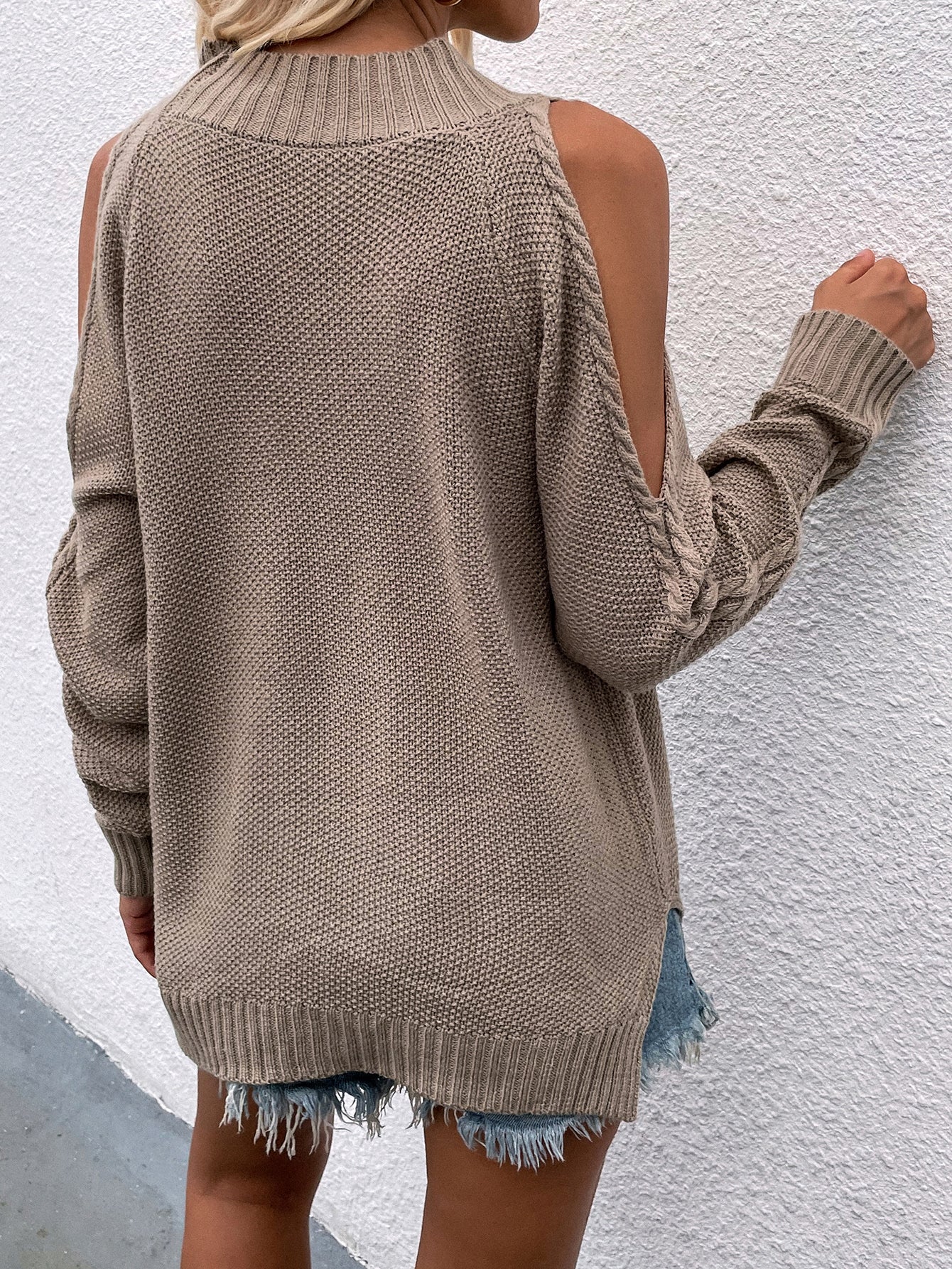 Cable-Knit Cold Shoulder Sweater