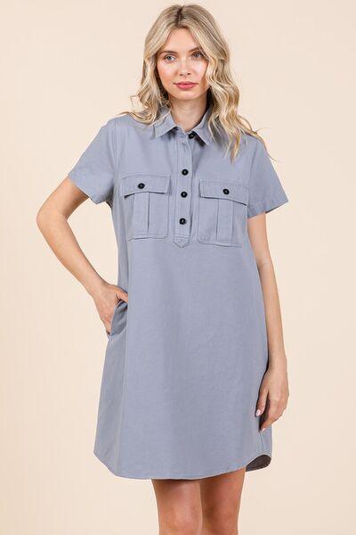 Mittoshop Button Detail Collared Neck Short Sleeve Shirt Dress