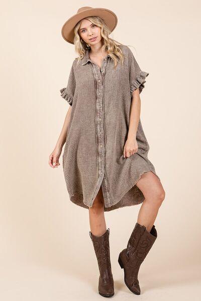 Mittoshop Mineral Wash Cotton Gauze Mini Shirt Dress Toffee