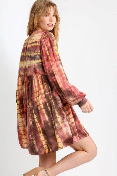 Umgee Full Size Tie Dye Long Sleeve Babydoll Dress with Keyhole Plus Size