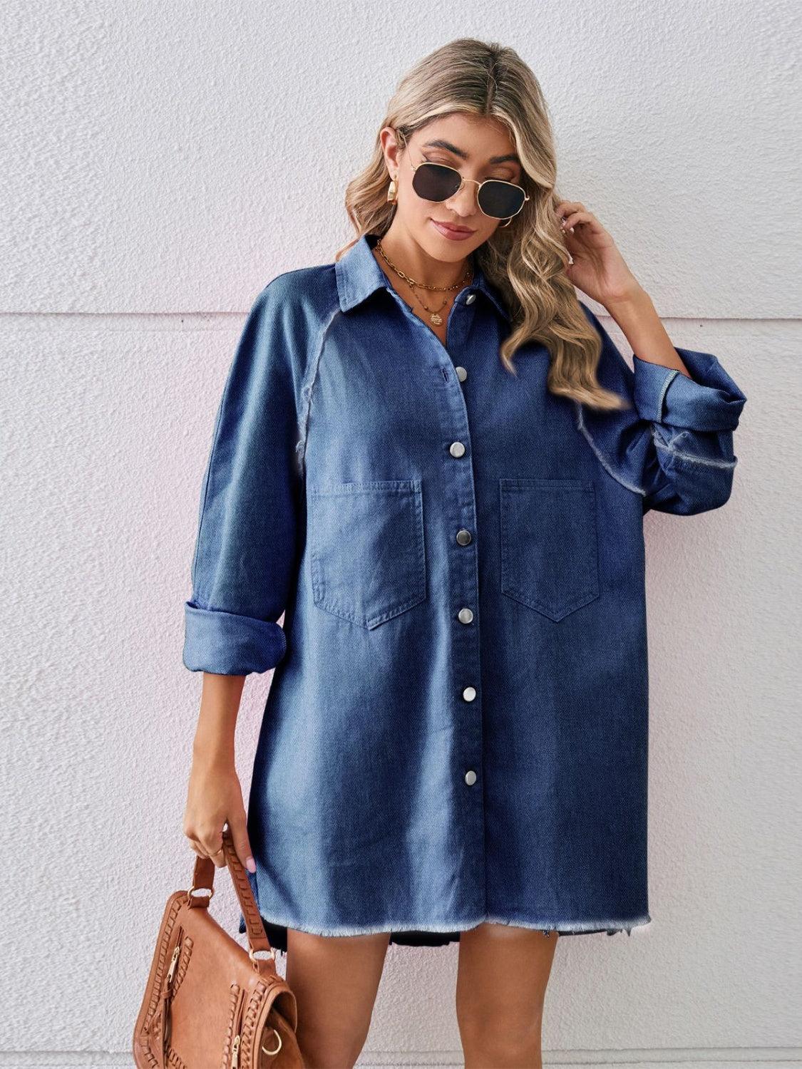 Raw Hem Button Up Denim Dress Dark Blue