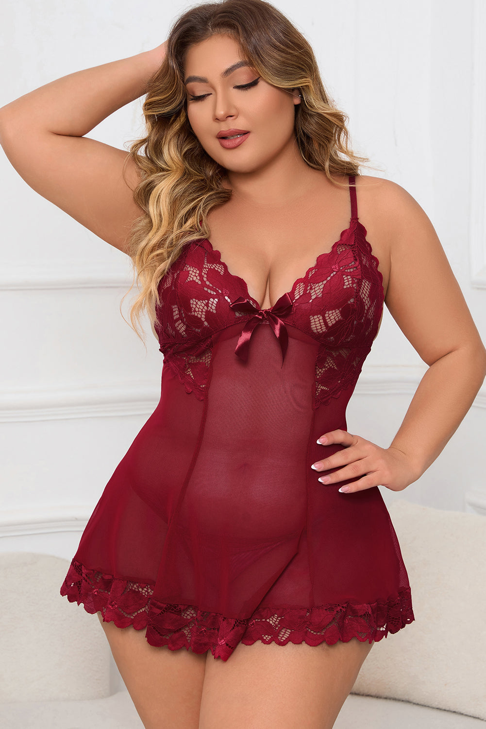 Plus Size Lace Detail Spaghetti Strap Lounge Dress red