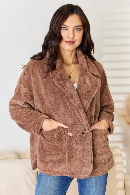 Culture Code Double Breasted Fuzzy Coat New Taupe