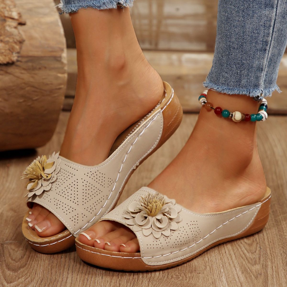 Open Toe Wedge Sandals Beige