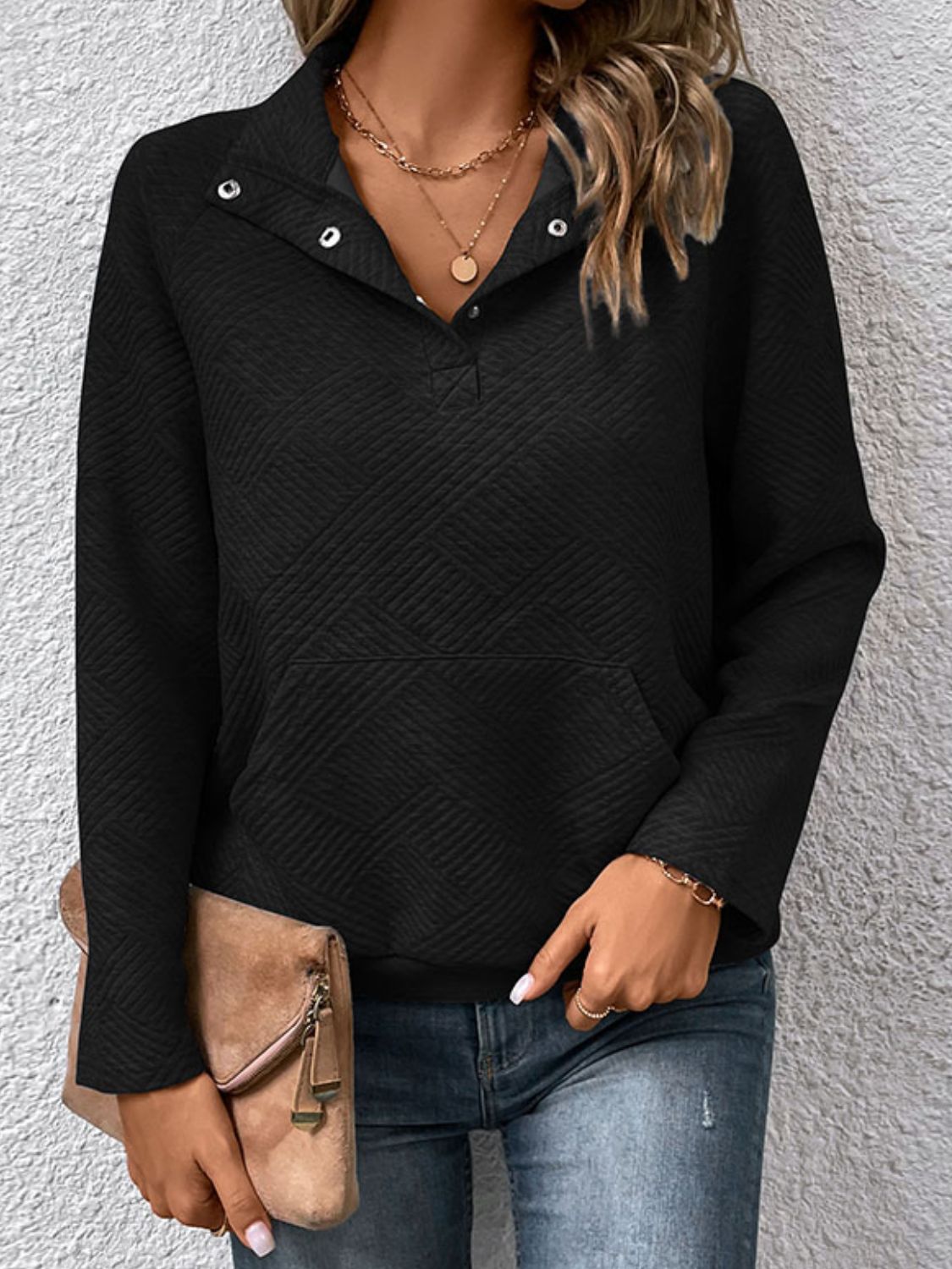 Perfee Half Buttoned Collared Neck Sweatshirt with Pocket