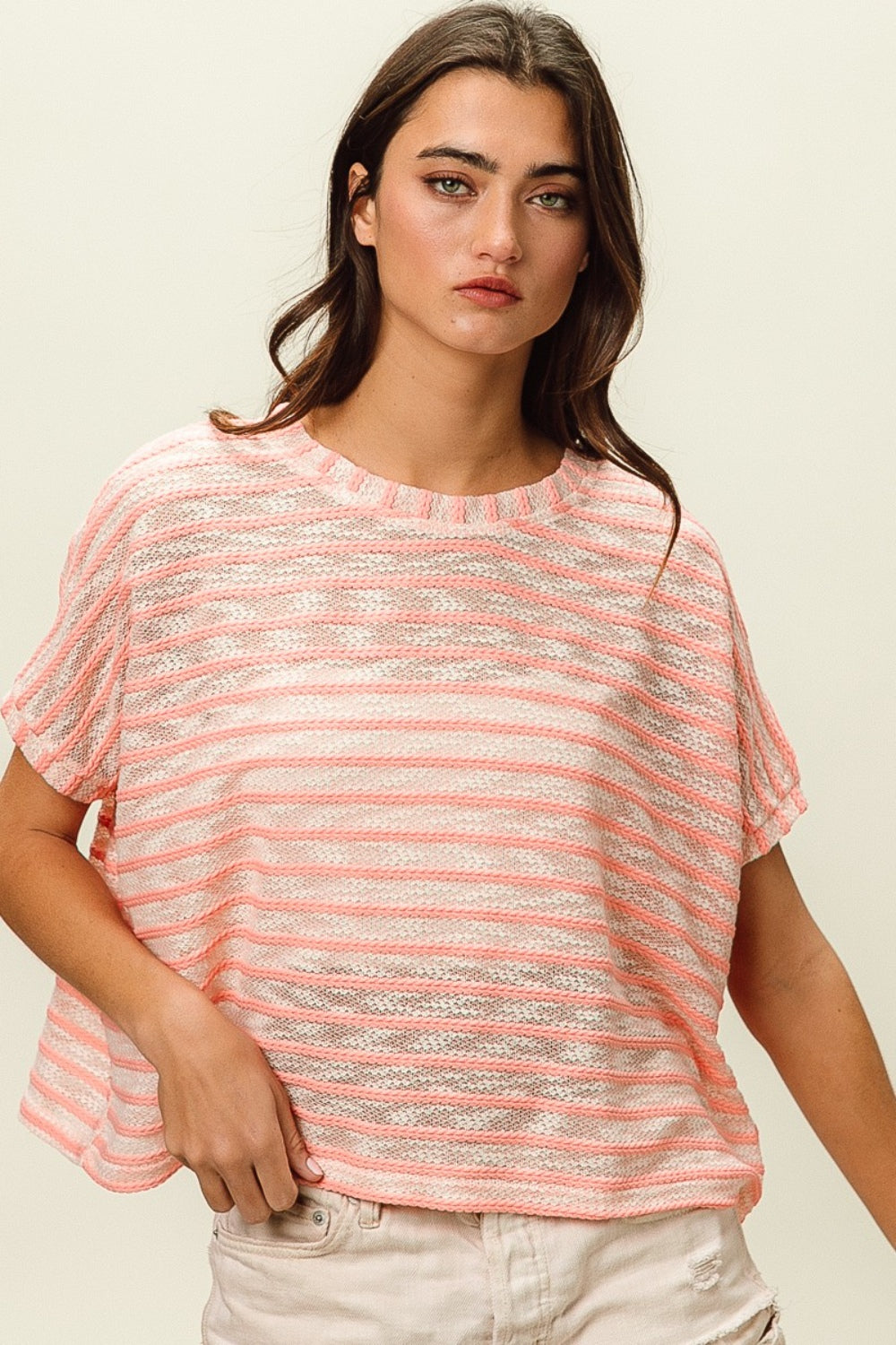 BiBi Braid Striped Short Sleeve Round Neck T-Shirt Pink