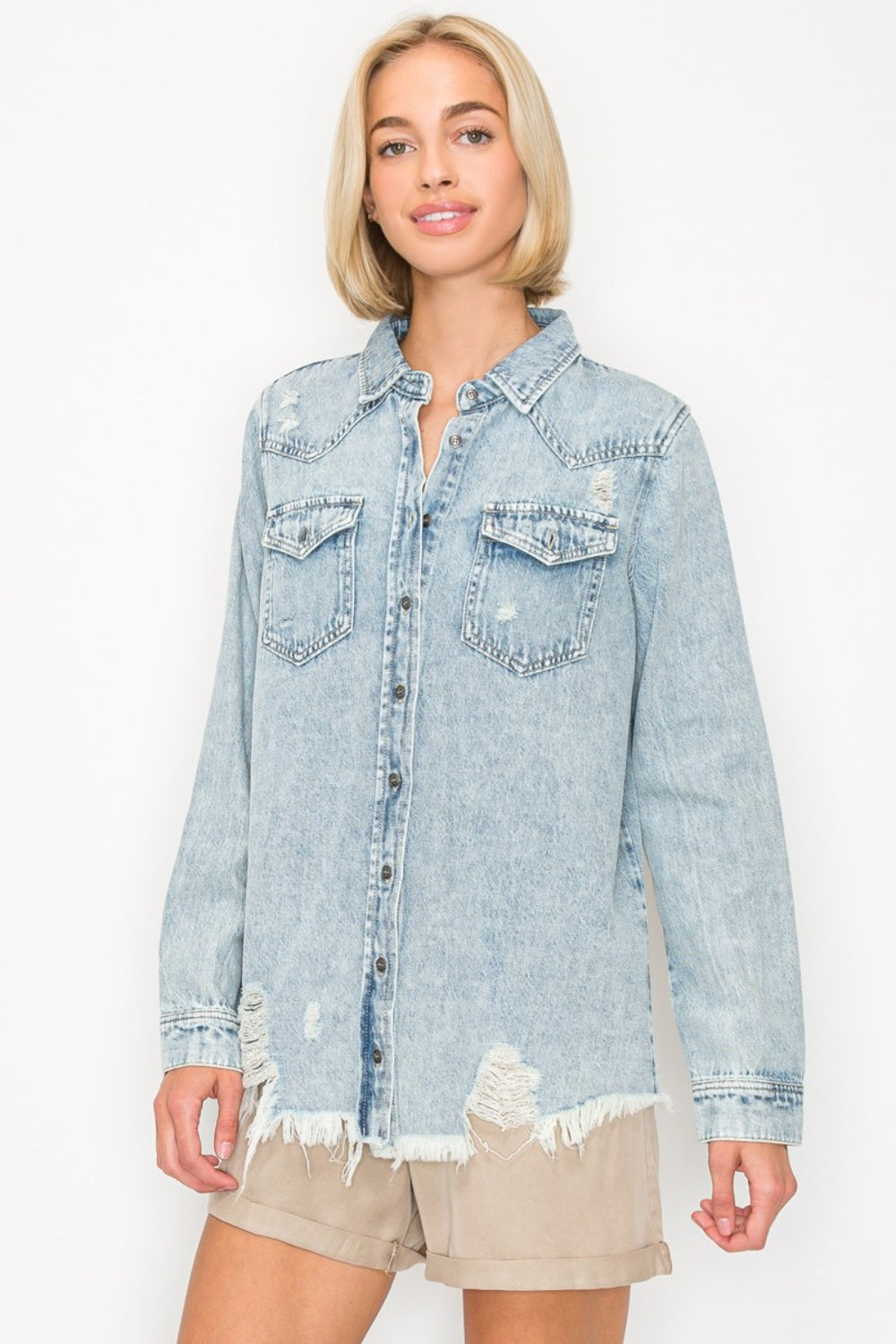 RISEN Button Up Distressed Denim Shirt