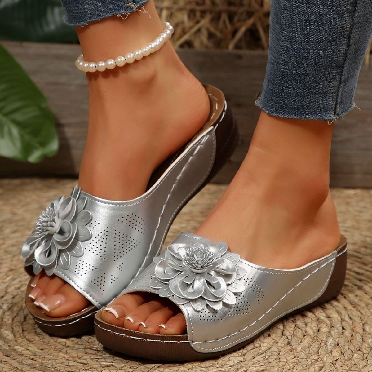 Open Toe Wedge Sandals Silver