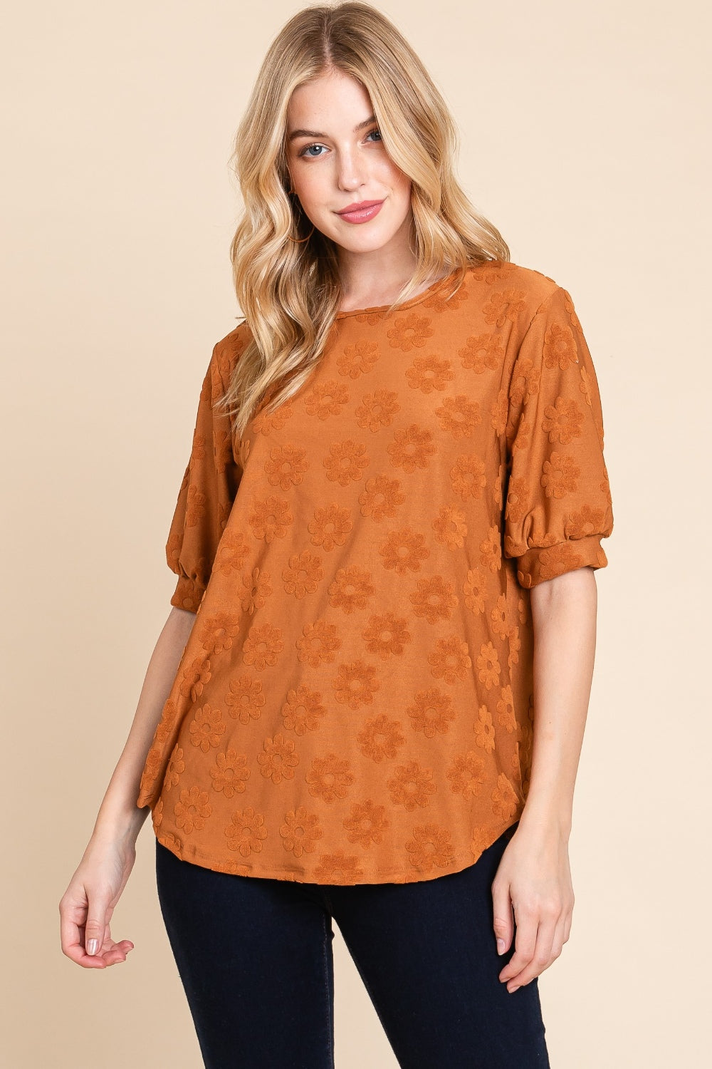 BOMBOM Textured Floral Pattern Top Camel