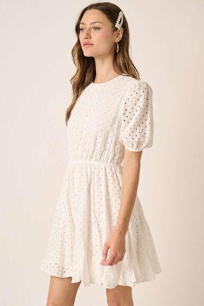 Mittoshop Eyelet Round Neck Puff Sleeve Mini Dress