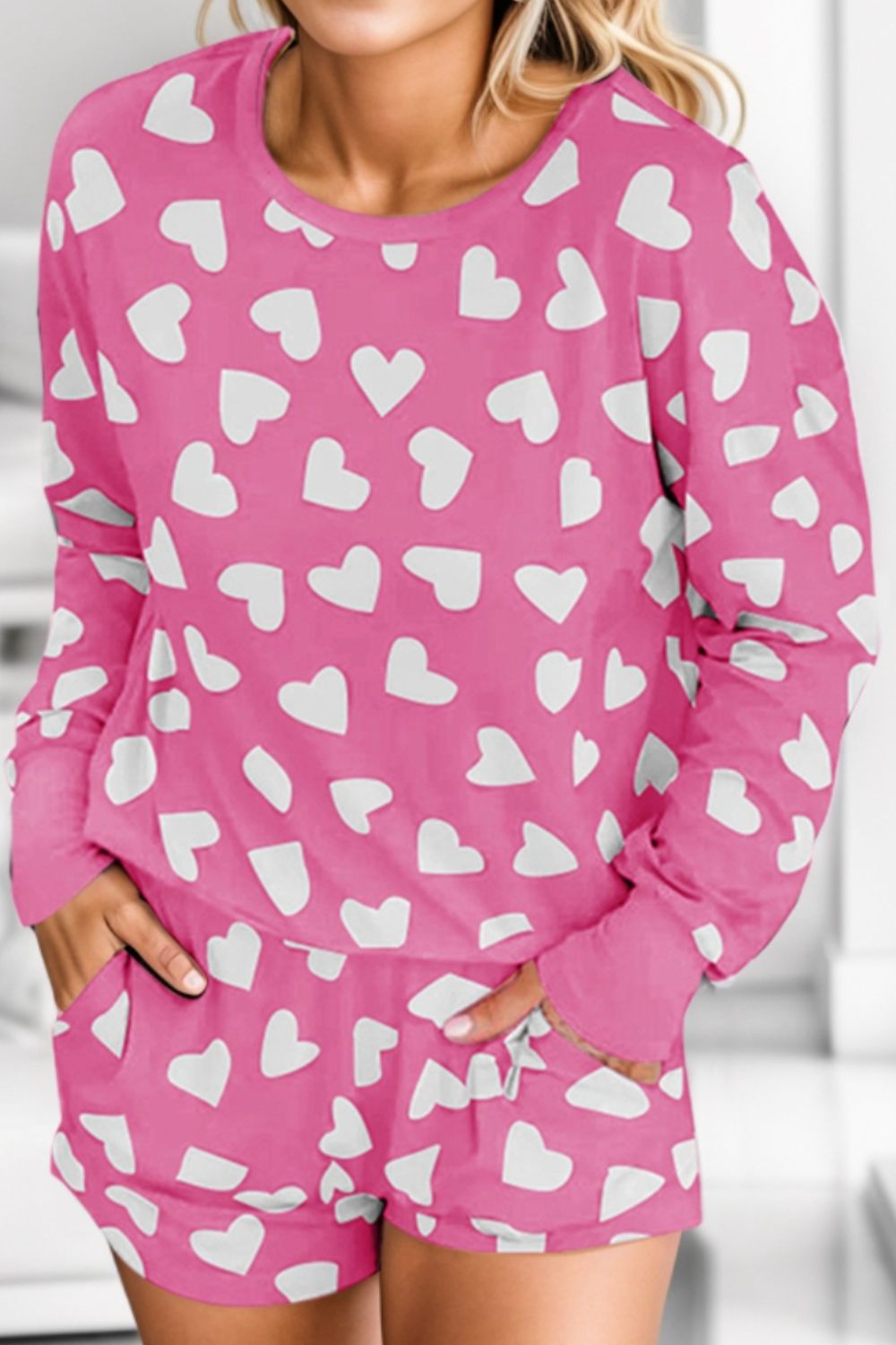 Heart Print Round Neck Top and Shorts Lounge Set Hot Pink