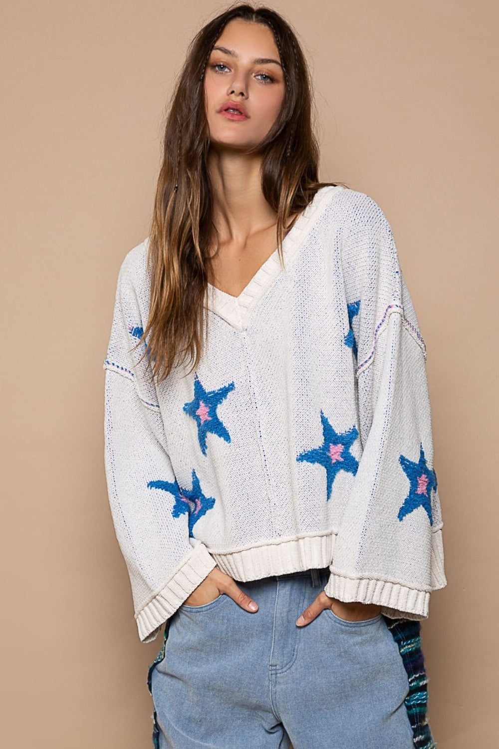 POL Long Sleeve Star Patch Sweater